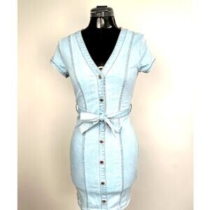 Guess Light Wash Button Front Denim Mini Dress Tie Waist XS